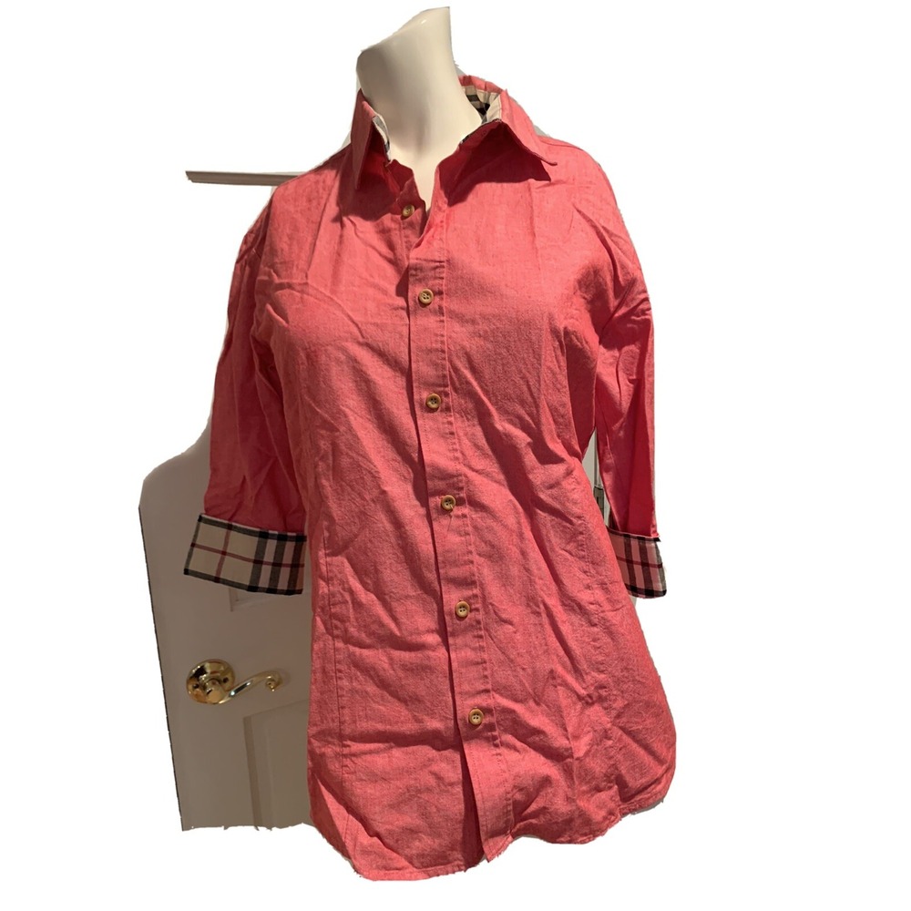 Zian Ladies Half Sleeve Button Up Collar Plaid Trim Shirt 38" Bust. Med/Large?